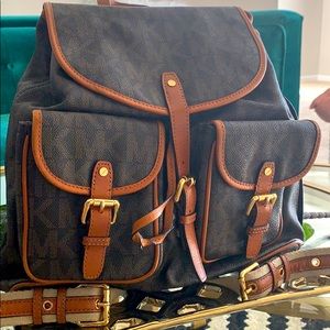 MICHAEL KORS Brown Leather and Canvas Backpack